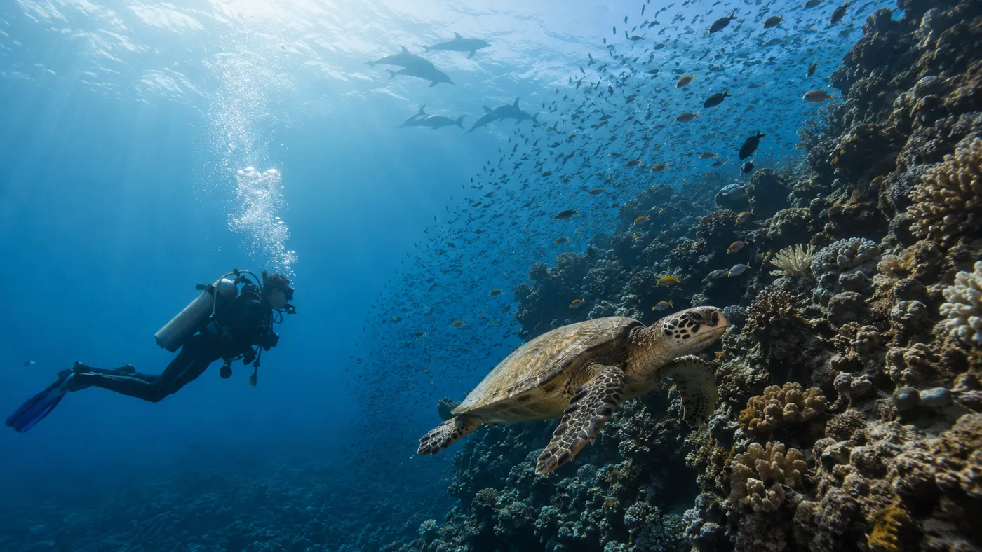 Des guides Dive Today nagent avec des dauphins en Mer Rouge près de Hurghada