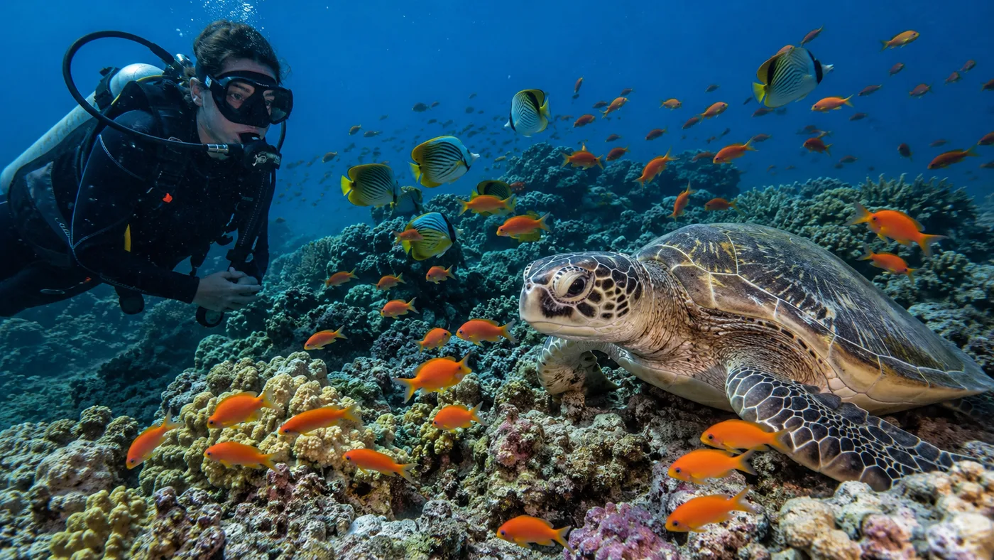 Sea turtle and colorful reef fish over a coral garden, marine life in Hurghada, Red Sea