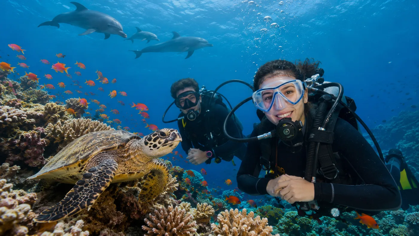 Two smiling first-time divers underwater with a sea turtle in Hurghada