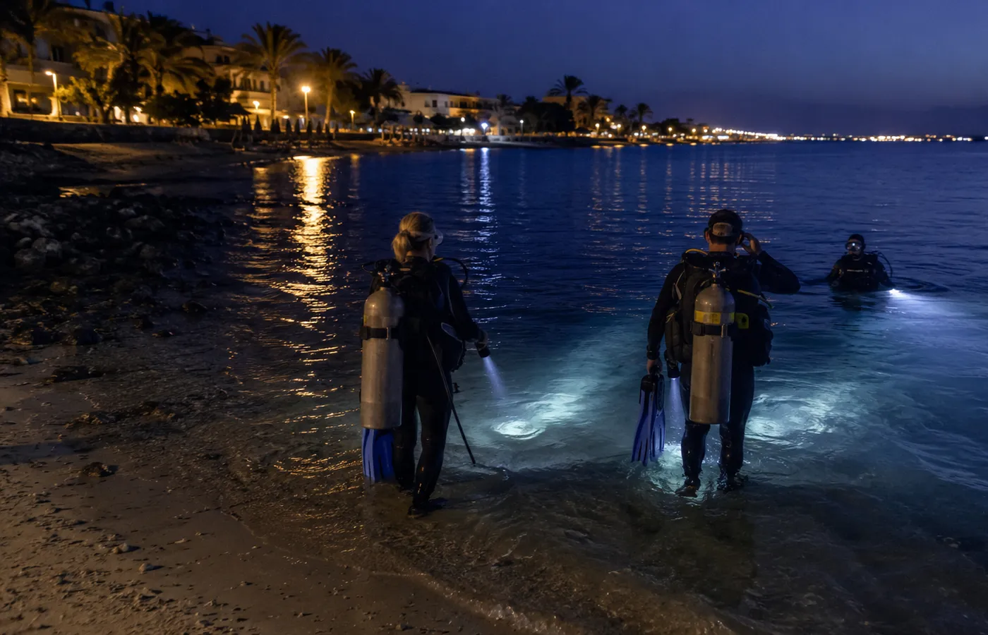The reef changes completely after dark. Walk in from the shore with a torch and a private guide, on a coral reef or the Suzanna wreck.