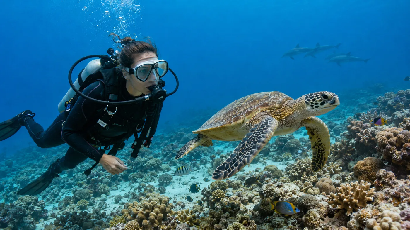 Дайвер Advanced Open Water плывёт рядом с зелёной черепахой на рифе у Hurghada